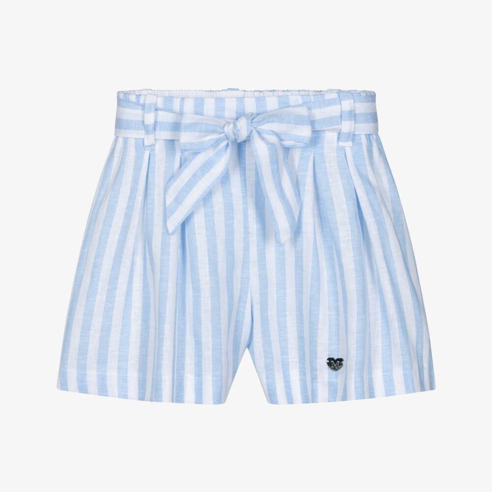 Monnalisa-Girls Blue & White Striped Shorts with Tie Belt | Childrensalon