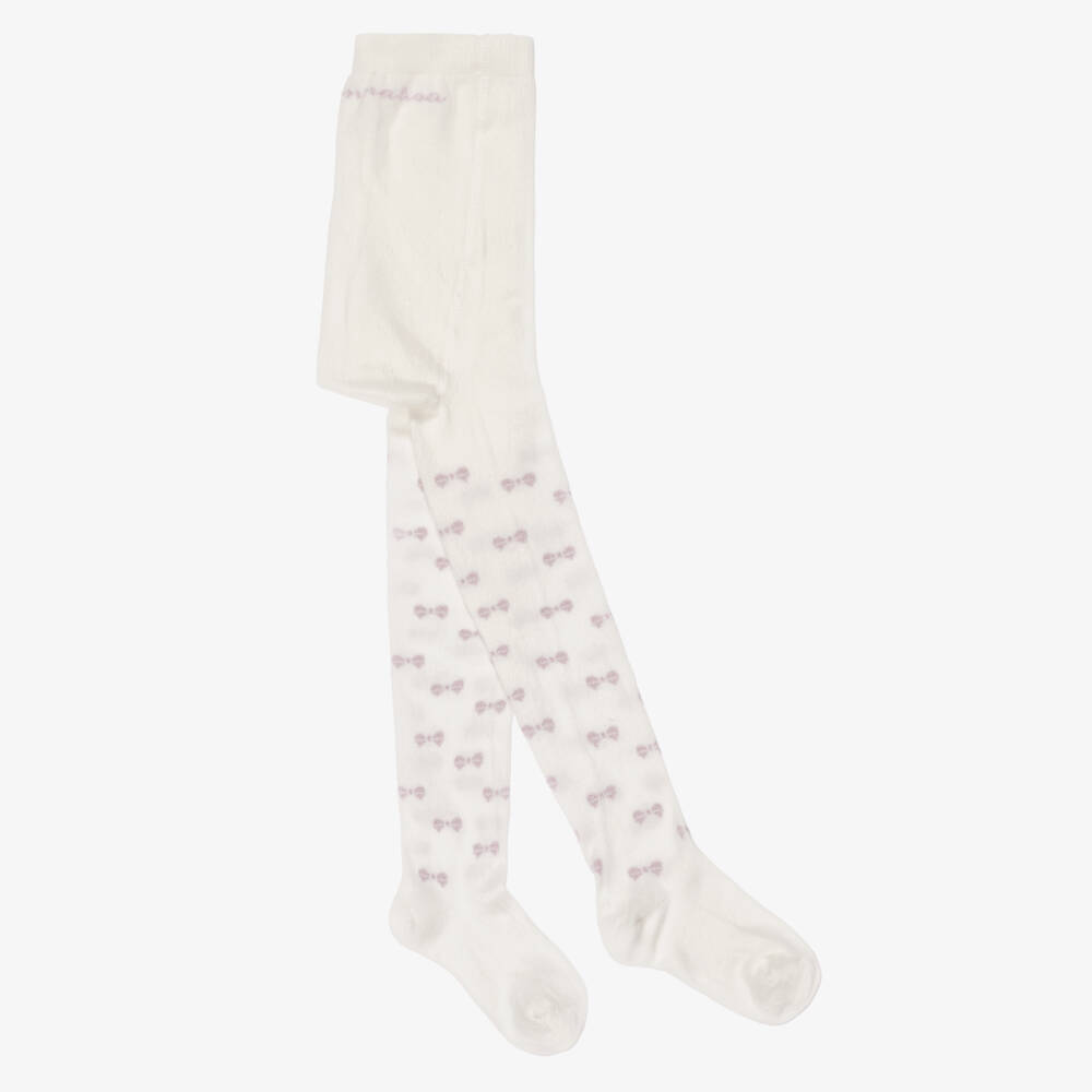 Monnalisa-Girls Ivory Tights with Sparkly Pink Bows | Childrensalon