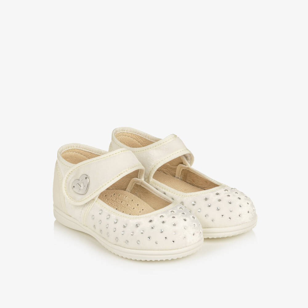 Monnalisa-Girls Ivory Velvet Bar Shoes with Rhinestones | Childrensalon