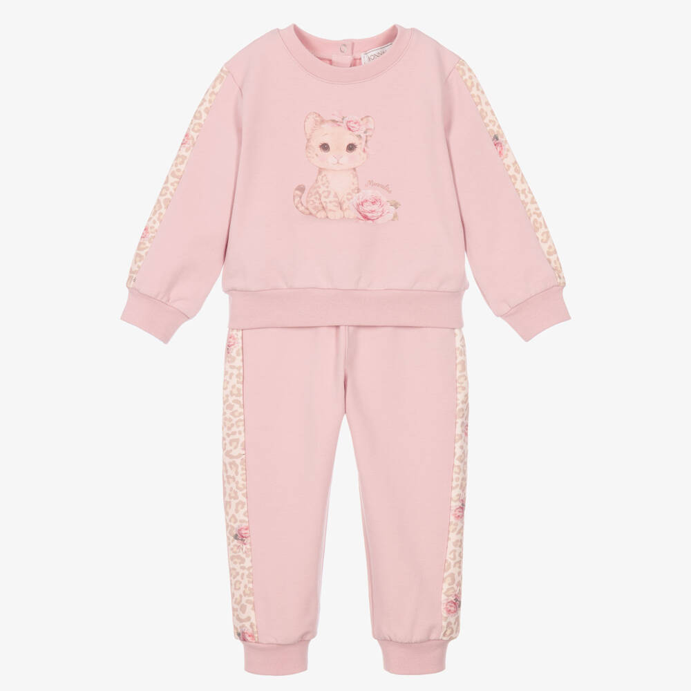 Monnalisa-Girls Pink Cotton Tracksuit with Little Leopard Graphic | Childrensalon