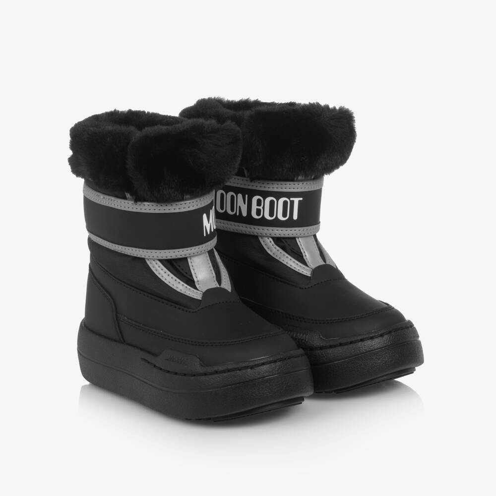 Moon Boot-Black Faux Fur Trim Velcro Boots | Childrensalon
