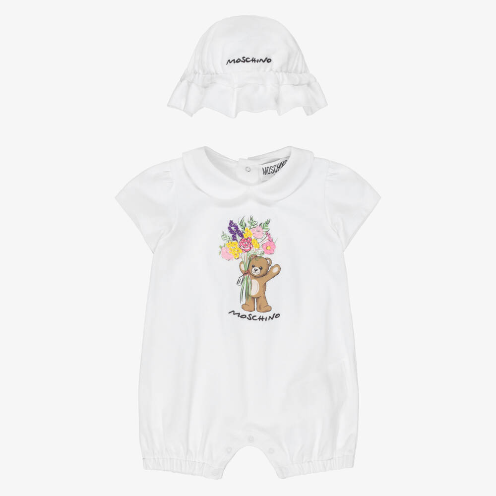 Moschino-Baby Girls White Cotton Piqué Teddy Bear Logo Shortie Set | Childrensalon