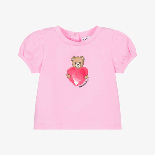Moschino-Girls Pink Cotton Heart & Teddy Bear Logo T-Shirt  | Childrensalon