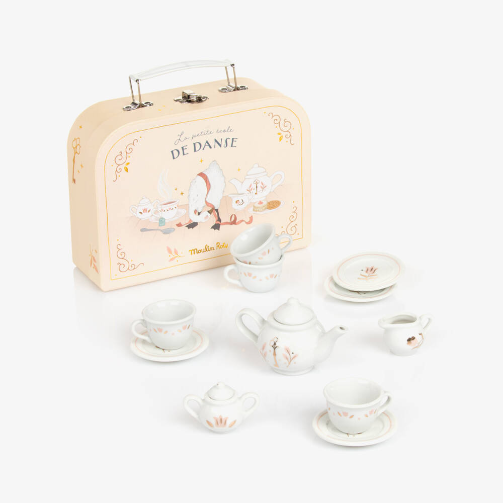 Moulin Roty-Girls White & Pink Porcelain Tea Set (22cm) | Childrensalon