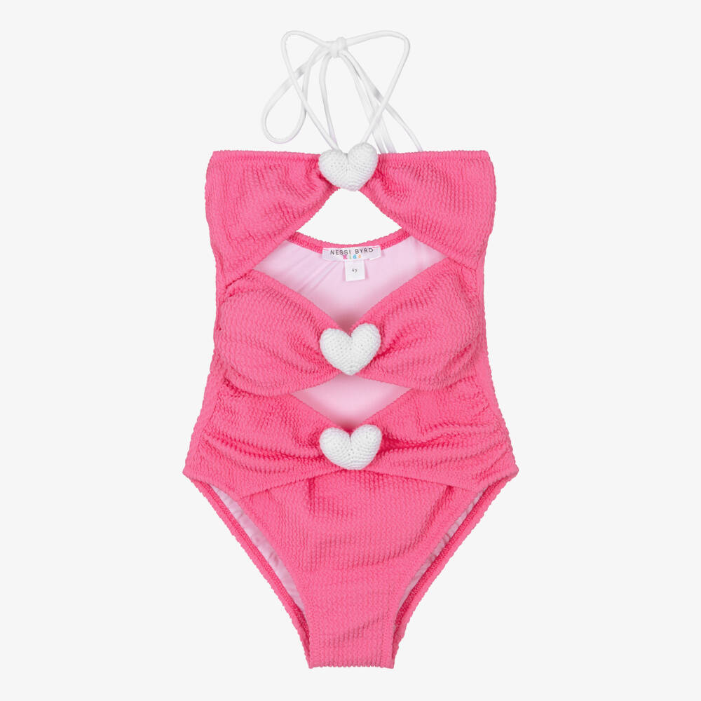 Nessi Byrd-Girls Pink Crinkle Swimsuit with White Hearts | Childrensalon