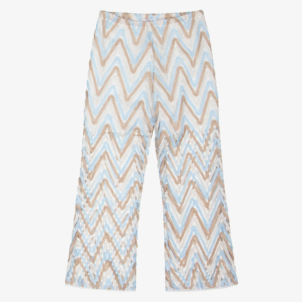 Nessi Byrd-Girls Shimmery Blue & Beige Crochet Beach Trousers | Childrensalon