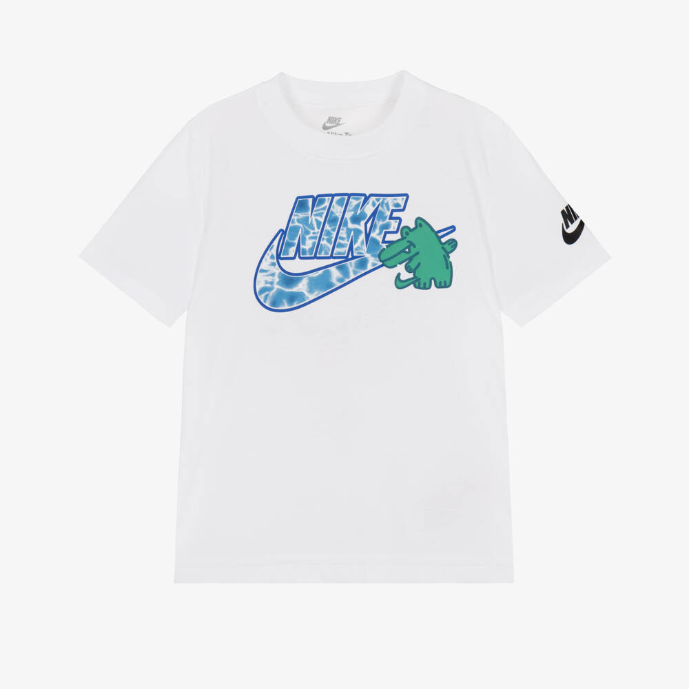 Nike-Boys White T-Shirt with Blue Swoosh Print | Childrensalon