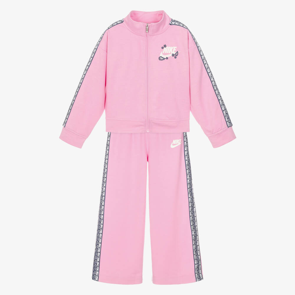 Nike-Girls Pink Tracksuit with Floral Logo Tape | Childrensalon