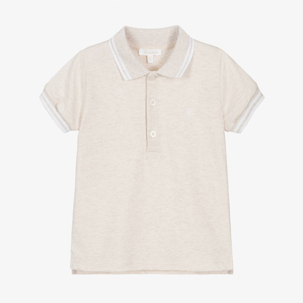 Patachou-Boys Beige Cotton Piqué Polo Shirt with White Striped Trim | Childrensalon