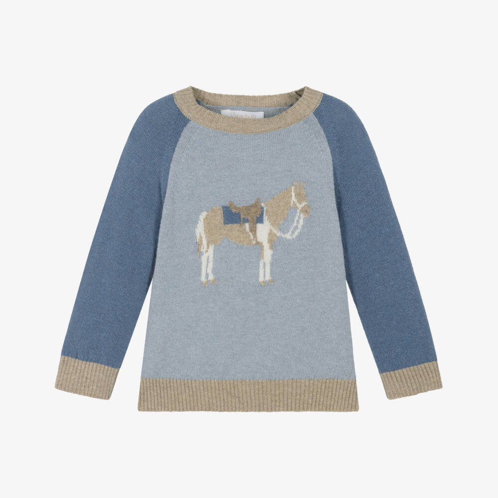 Patachou-Boys Blue Knit Sweater with Horse Motif | Childrensalon