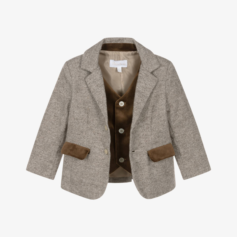 Patachou-Boys Brown Herringbone Felted Blazer | Childrensalon