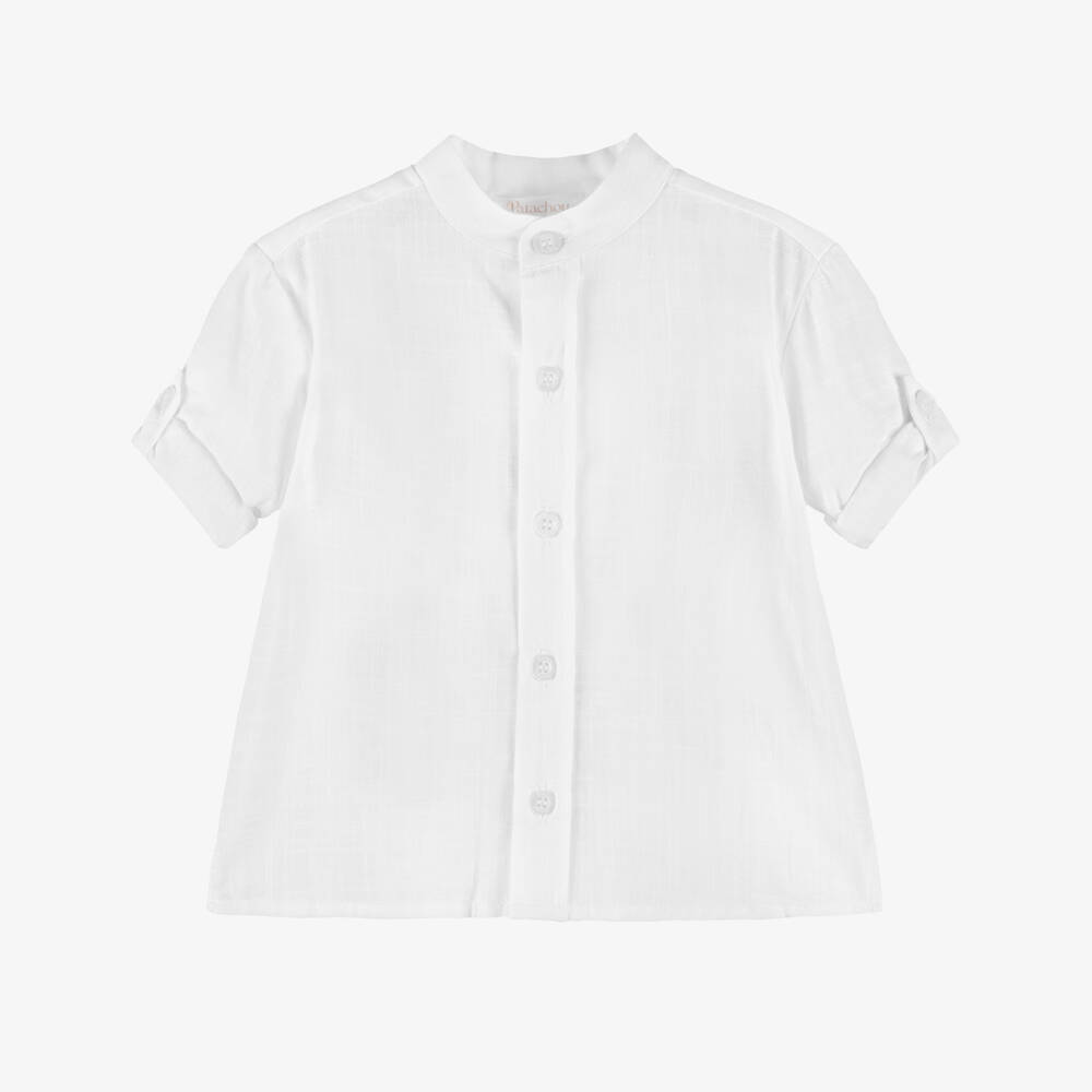 Patachou-Boys White Collarless Textured Cotton Shirt | Childrensalon