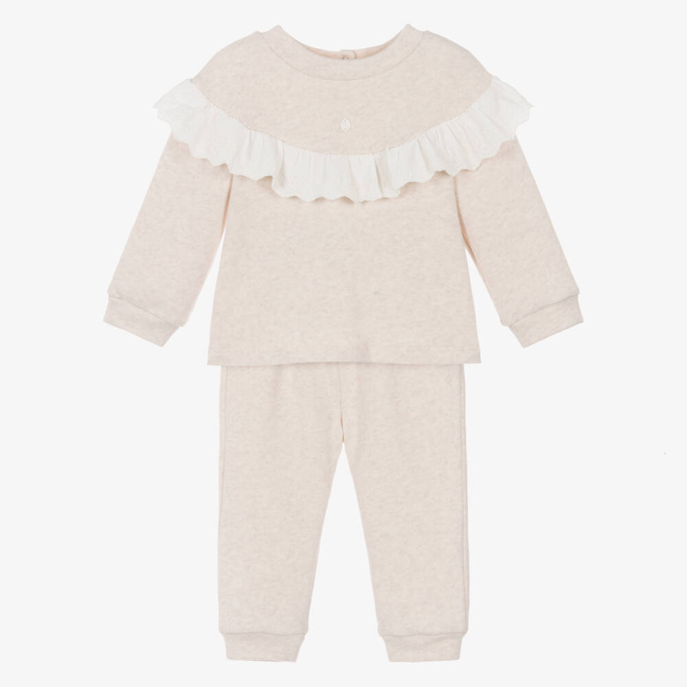 Patachou-Girls Beige Jersey Knit Tracksuit with Ruffle | Childrensalon