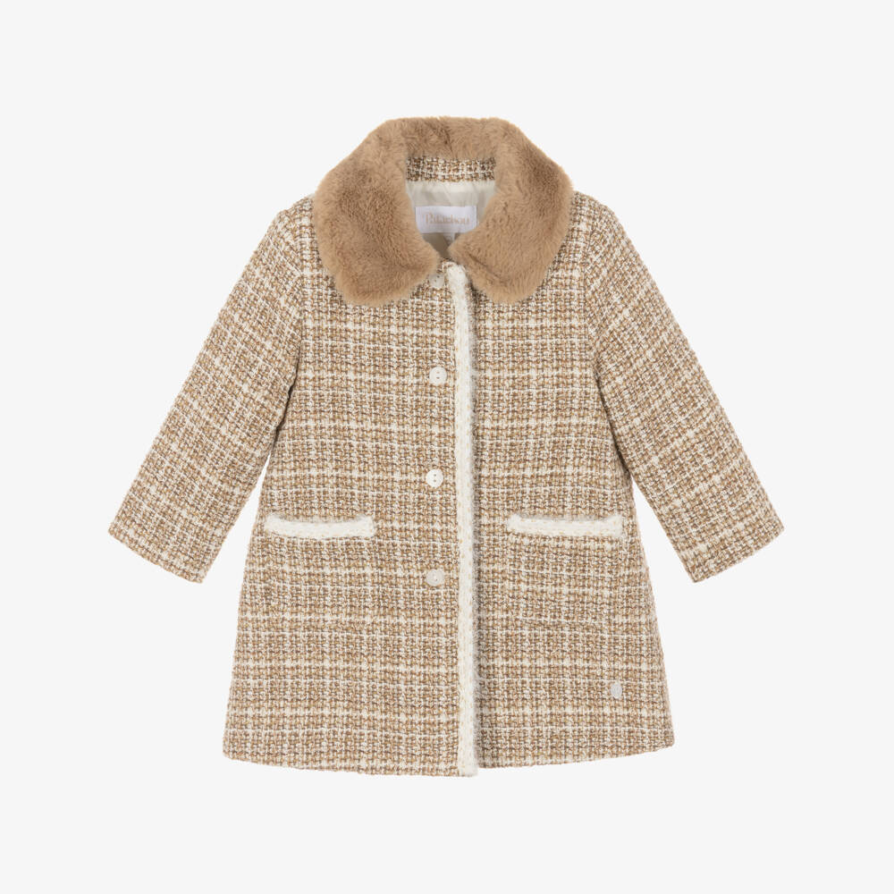 Patachou-Girls Beige Tweed Coat with Faux Fur Collar | Childrensalon