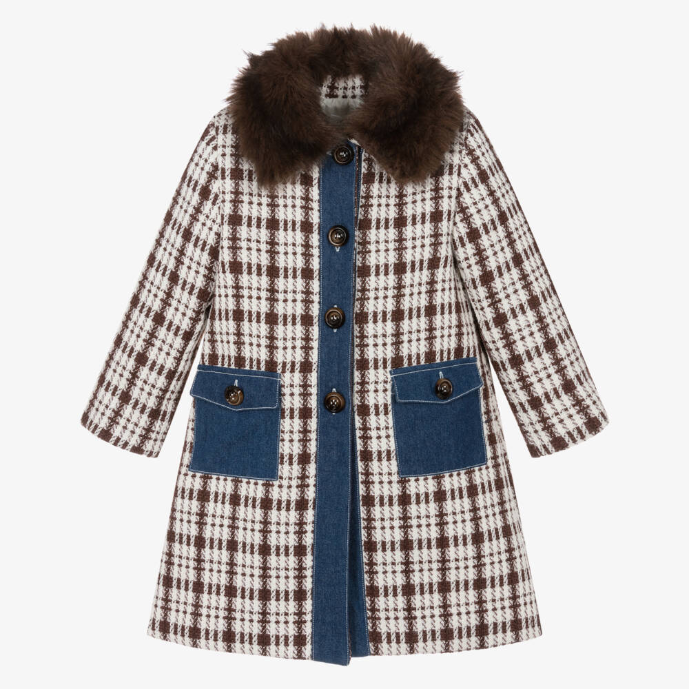 Patachou-Girls Brown Tweed Coat with Chambray Detail | Childrensalon