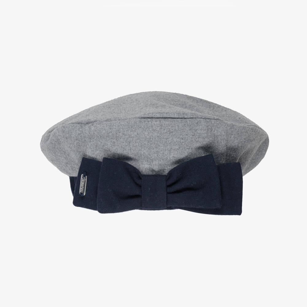 Patachou-Girls Grey & Navy Blue Beret with Bow | Childrensalon
