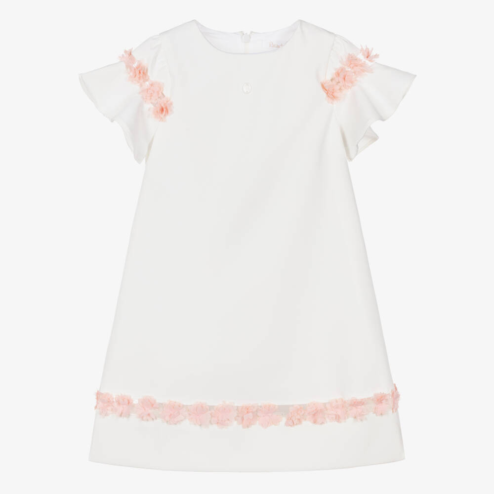Patachou-Girls Ivory Crêpe Dress with Pink Floral Tulle Trim | Childrensalon
