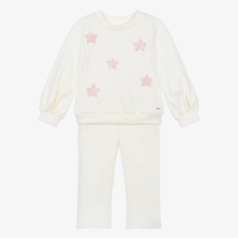 Patachou-Girls Ivory Jersey Tracksuit with Pink Sequin Stars | Childrensalon