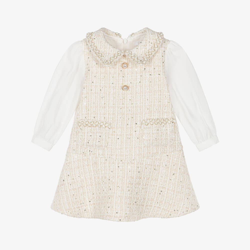 Patachou-Girls Ivory Tweed Dress with Chiffon Sleeves | Childrensalon