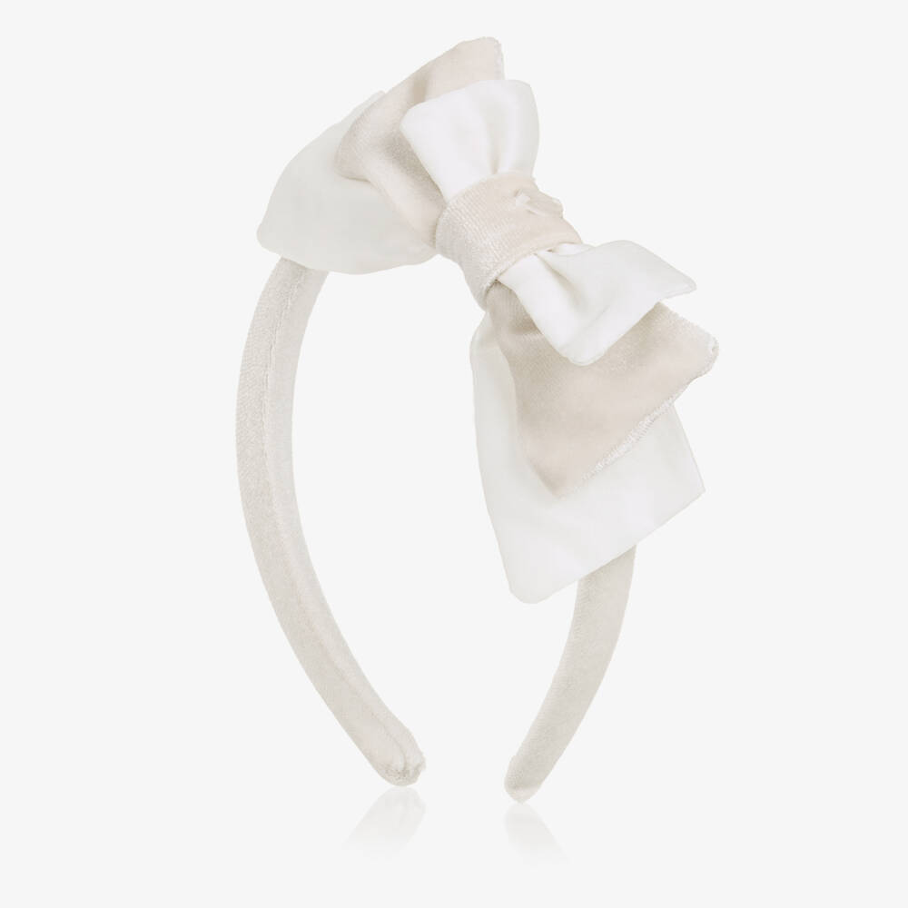 Patachou-Girls Ivory Velour Bow Hairband | Childrensalon