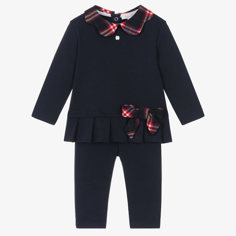 Patachou-Girls Navy Blue Cotton Leggings Set with Tartan Trims  | Childrensalon