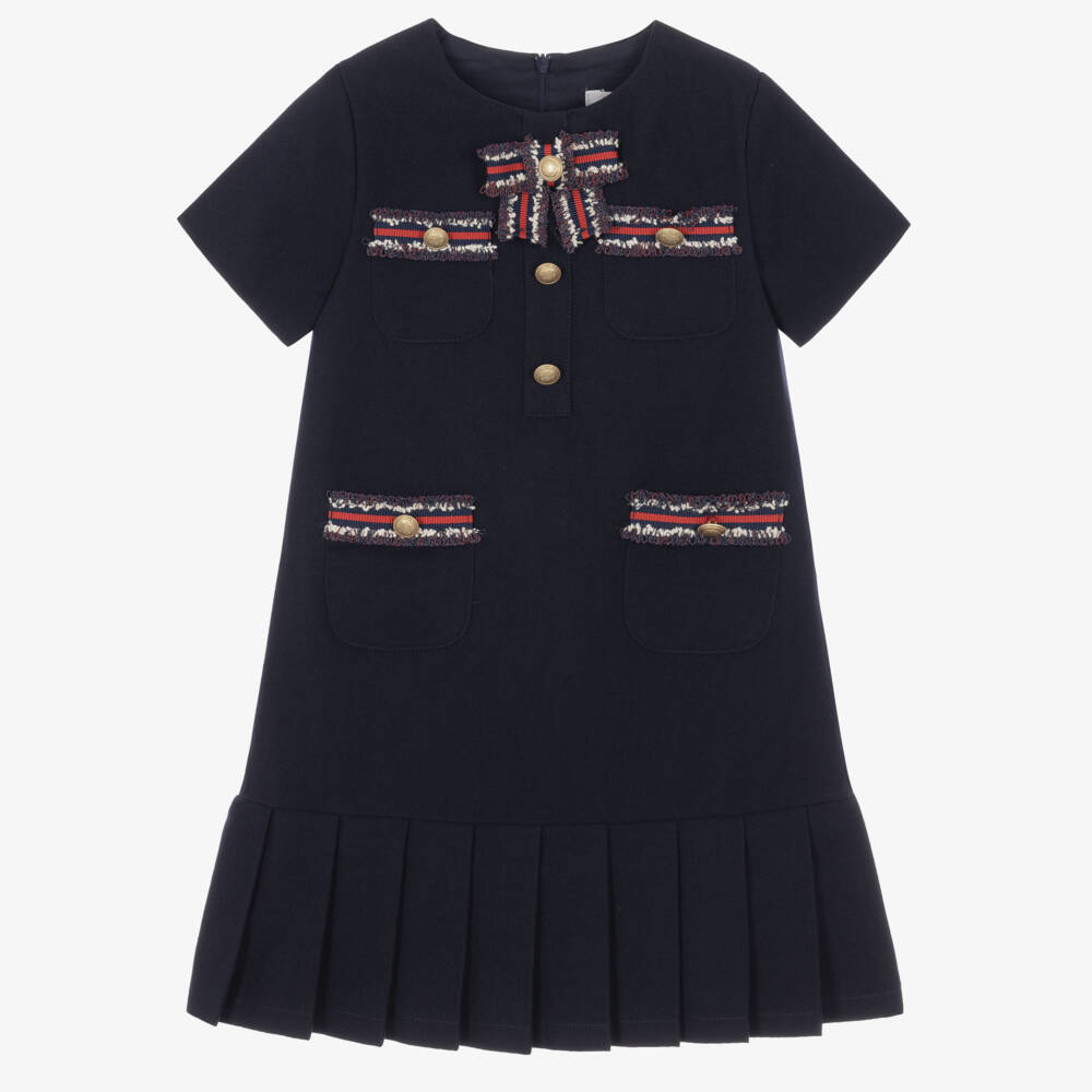 Patachou-Girls Navy Blue Dropped Waist Dress with Bows | Childrensalon