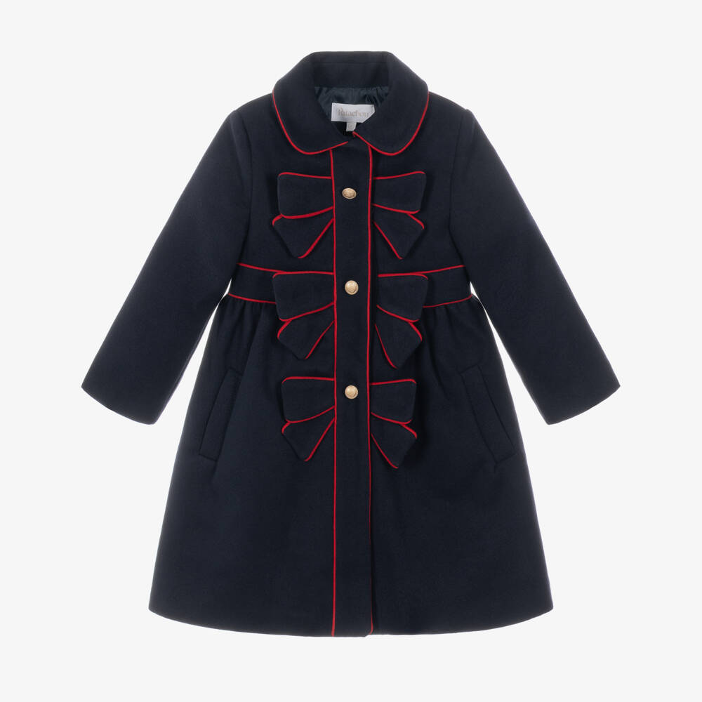 Patachou-Girls Navy Blue Felted Coat with Bow Trims | Childrensalon