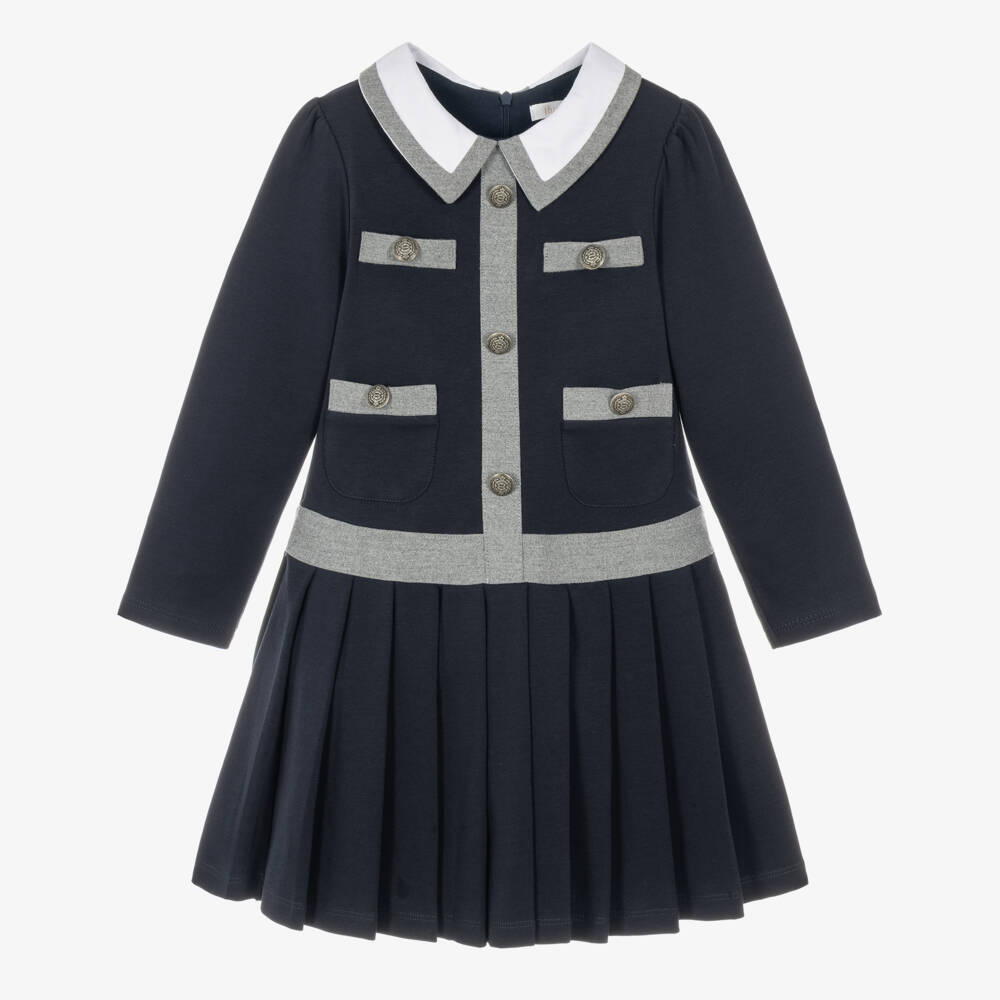 Patachou-Girls Navy Blue Jersey Dress with Grey Trims | Childrensalon