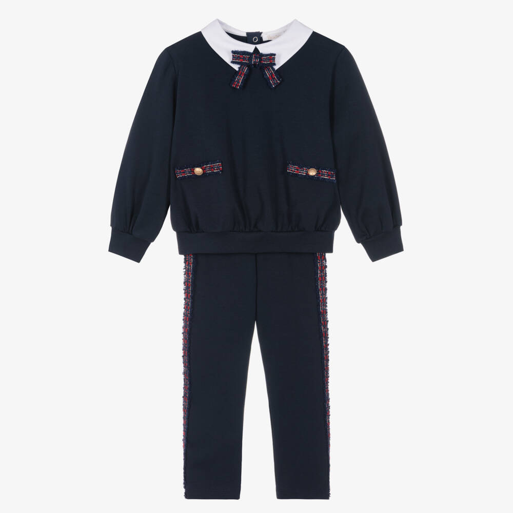 Patachou-Girls Navy Blue Leggings Set with Tweed Trims | Childrensalon
