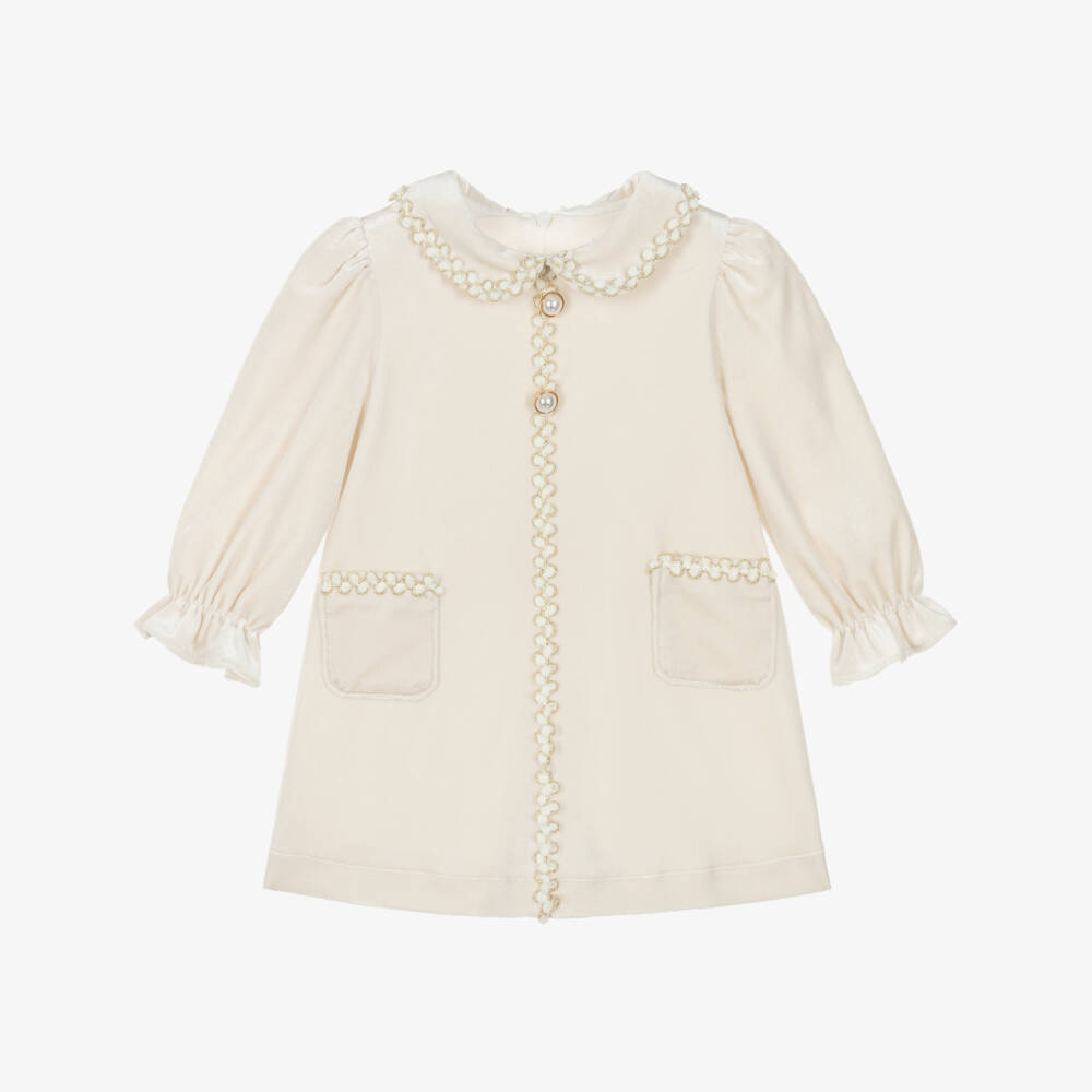Patachou-Girls Pale Beige Velvet Dress with Fluffy Trims | Childrensalon