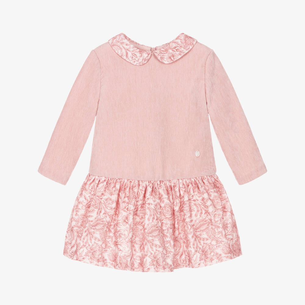 Patachou-Girls Pink Velour Dress with Liberty Print Skirt | Childrensalon