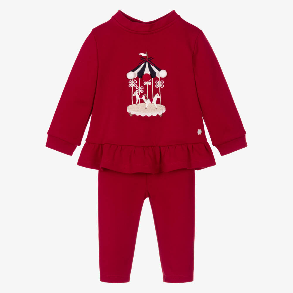 Patachou-Girls Red Cotton Leggings Set with Carousel Embroidery | Childrensalon