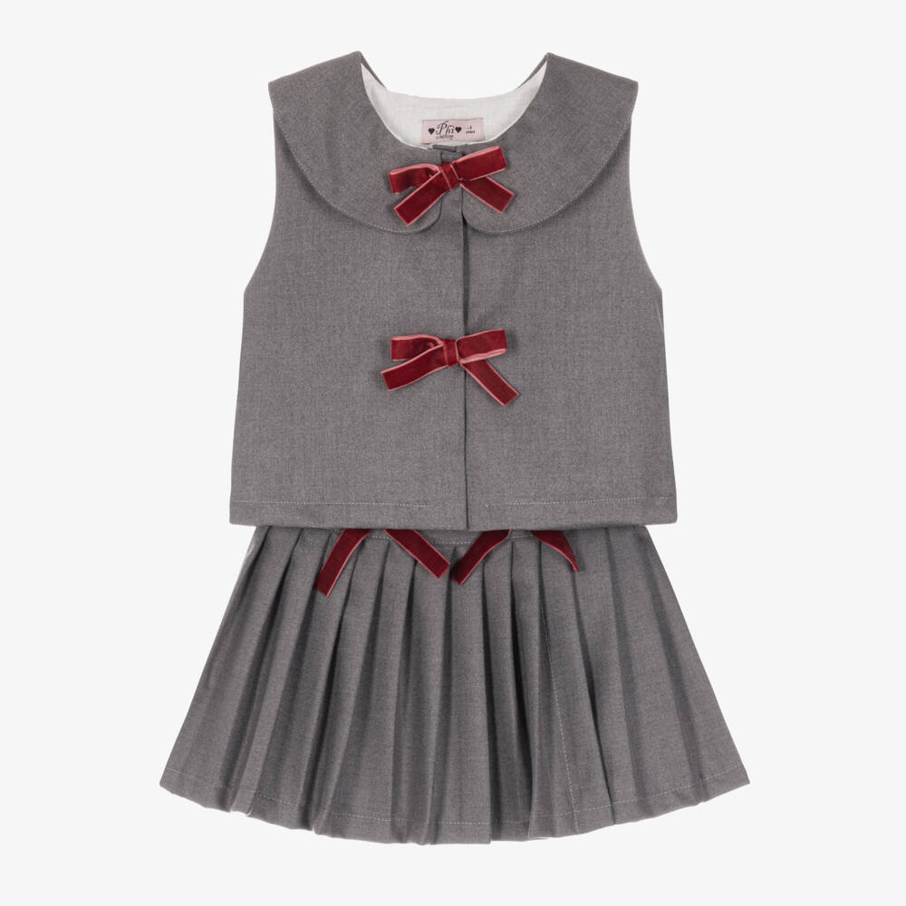Phi Clothing-Girls Grey Pleated Skirt Set With Burgundy Bows  | Childrensalon