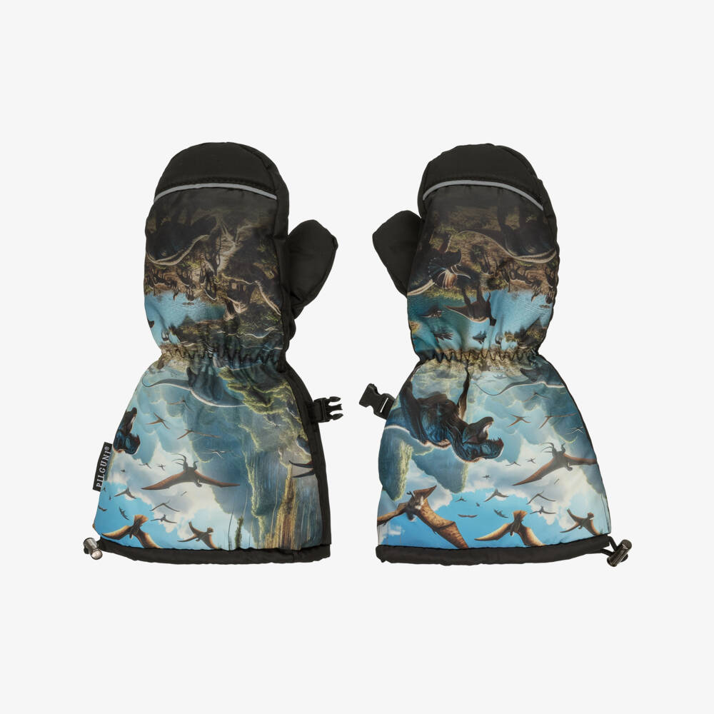 Pilguni-Boys Black & Blue Dinosaur Print Ski Mittens | Childrensalon