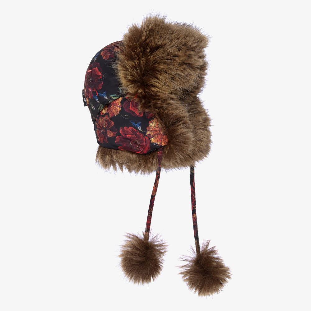 Pilguni-Girls Black Floral Print & Faux Fur Trapper Hat | Childrensalon