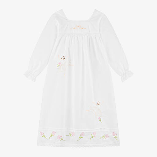 Powell Craft-Girls White Cotton Ballerina Nightie | Childrensalon