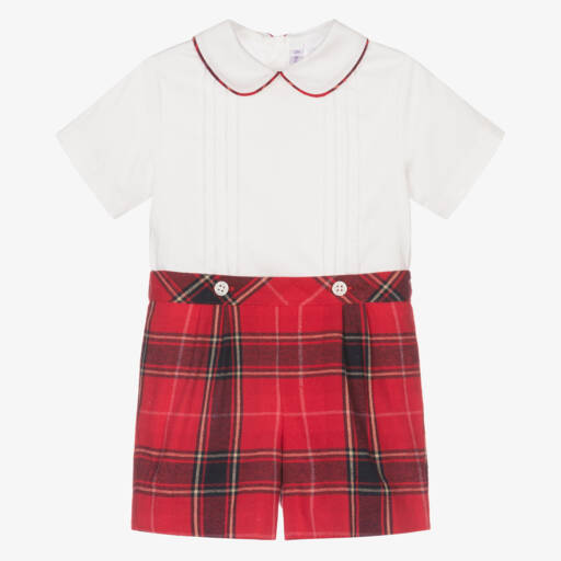 Rachel Riley-Baby Boys Ivory & Red Cotton Buster Suit | Childrensalon