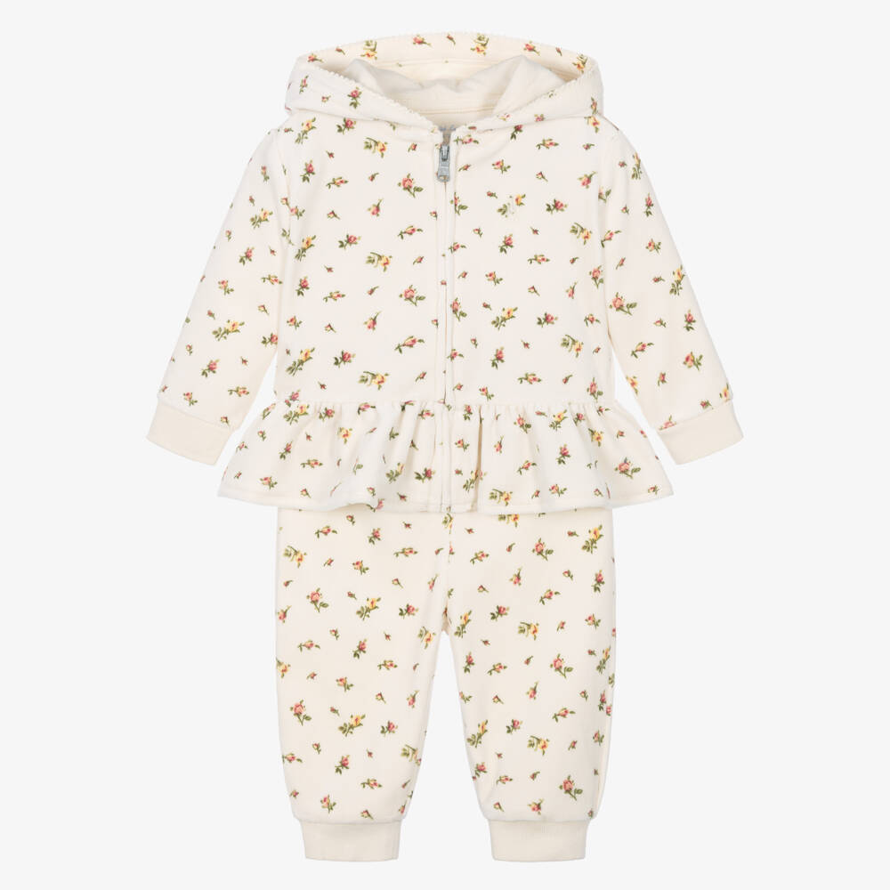 Ralph Lauren-Baby Girls Ivory Floral Print Velour Tracksuit | Childrensalon