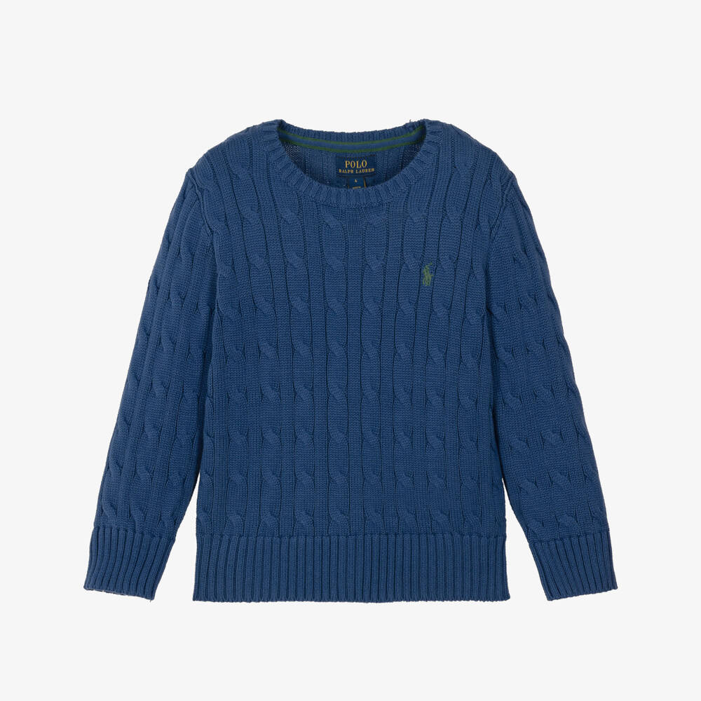 Ralph Lauren-Boys Blue Cable Knit Sweater with Crew Neck | Childrensalon