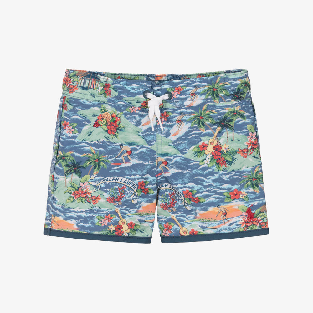 Ralph Lauren-Boys Blue Tropical Surf Print Swim Shorts | Childrensalon