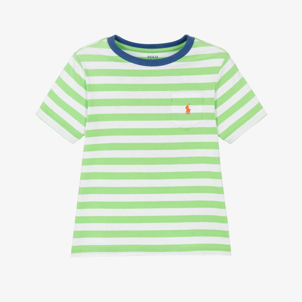 Ralph Lauren-Boys Green & White Stripe Cotton T-Shirt with Pony Logo | Childrensalon