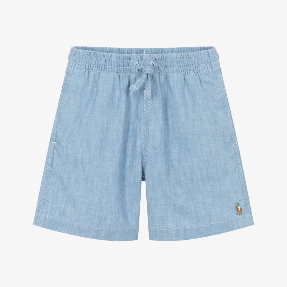 Ralph Lauren-Boys Light Blue Chambray Shorts with Pony Logo Embroidery | Childrensalon