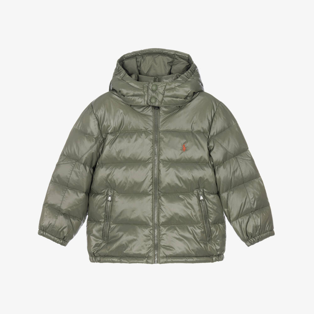 Ralph Lauren-Boys Moss Green Hooded Down Puffer Jacket | Childrensalon