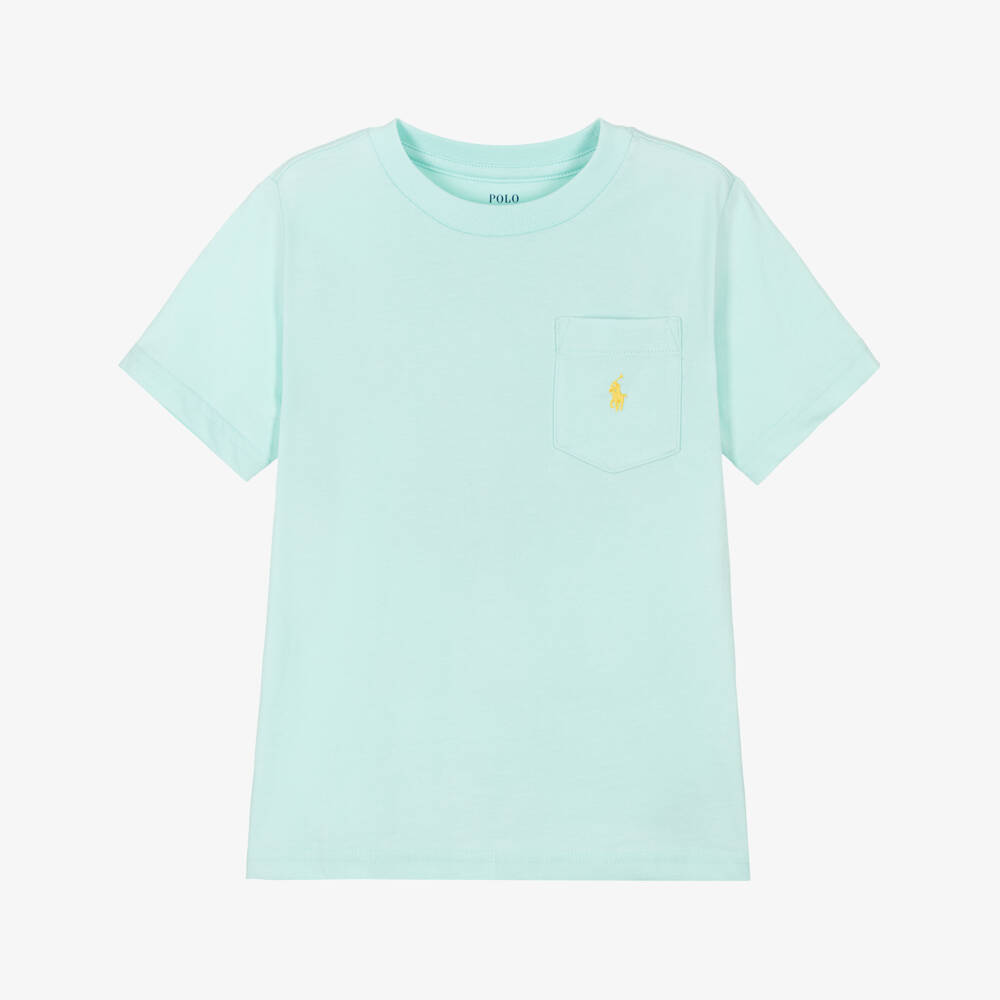 Ralph Lauren-Boys Pale Blue Cotton Pocket T-Shirt with Pony Logo | Childrensalon