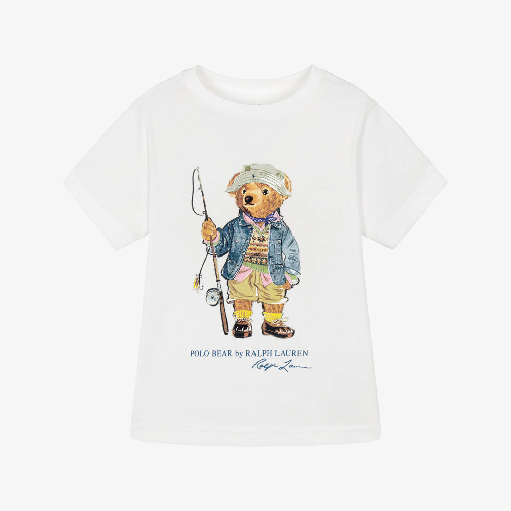 Ralph Lauren-Boys White Cotton Fishing Polo Bear T-Shirt | Childrensalon