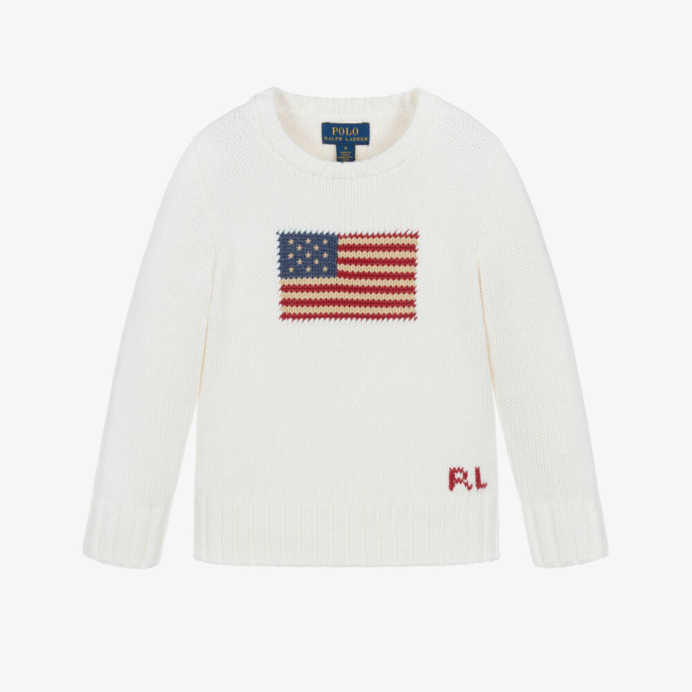 Ralph Lauren-Boys White Cotton Knit Flag Sweater | Childrensalon
