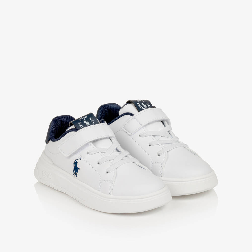 Ralph Lauren-Boys White Heritage Court Super Trainers in Faux Leather | Childrensalon