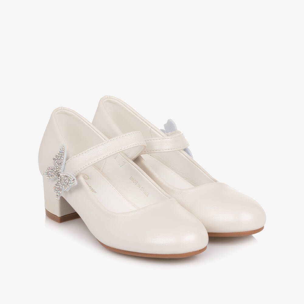 Romano-Girls Ivory Faux Leather Block Heel Bar Shoes | Childrensalon
