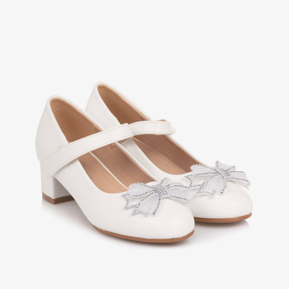 Romano-Girls White Diamanté Bow Velcro Bar Shoes | Childrensalon