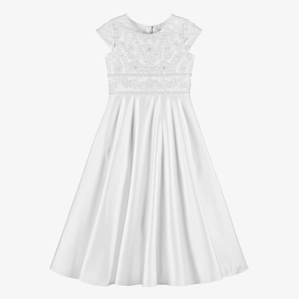 Sarah Louise-Girls White Embroidered & Beaded Satin Dress | Childrensalon